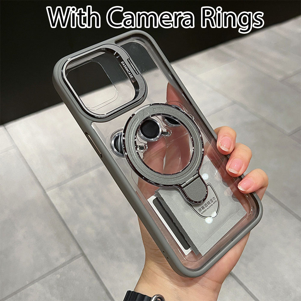 LuxuryKase LK176 Metal Camera Ring Kickstand Stand Transparent Mag-Safe Case Cover For iPhone 13 14 15 Plus Pro Max