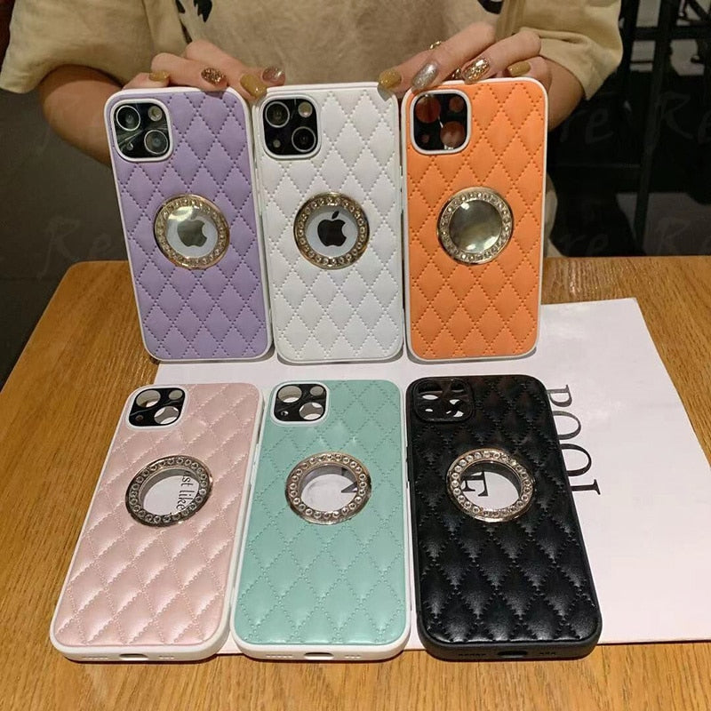 LuxuryKase LK033 Grid Glitter Diamond Clear Logo Jewelled Leather Case Cover For Iphone 16 Plus Pro Max