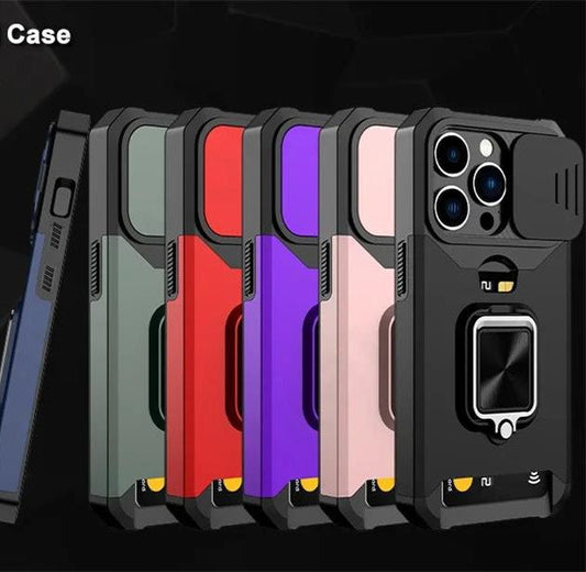 LuxuryKase LK177 Camera Slide Protection Card Holder Heavy Protective Ring Magnetic Kickstand Armor Case Cover For - iPhone