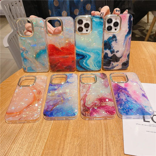 LuxuryKase LK132 Glitter Dream Shell Crack Marble Case For iPhone 11 12 13 14 Plus Pro Max