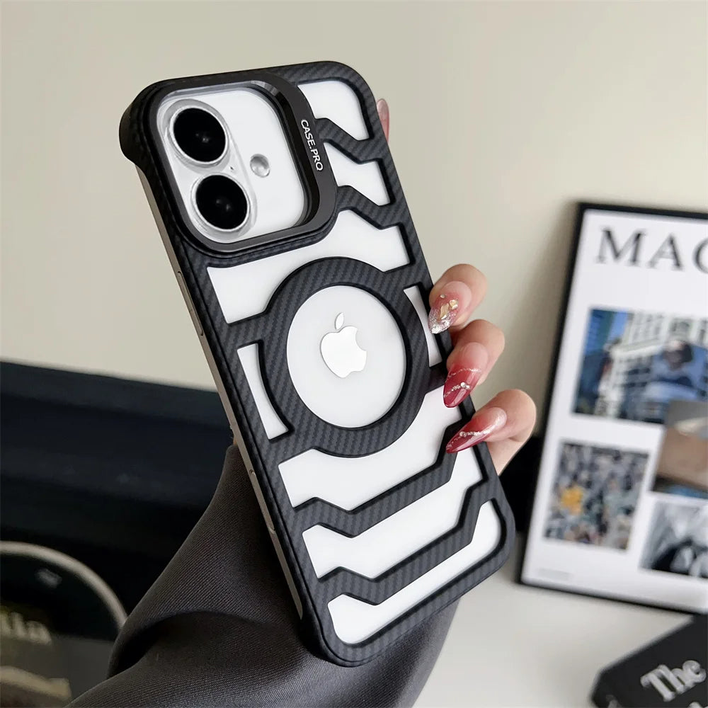 LuxuryKase LK172 Carbon Fiber Texture Magnetic Mag-Safe Lens Holder Frameless Case Cover For iPhone 13 14 15 16 Plus Pro Max