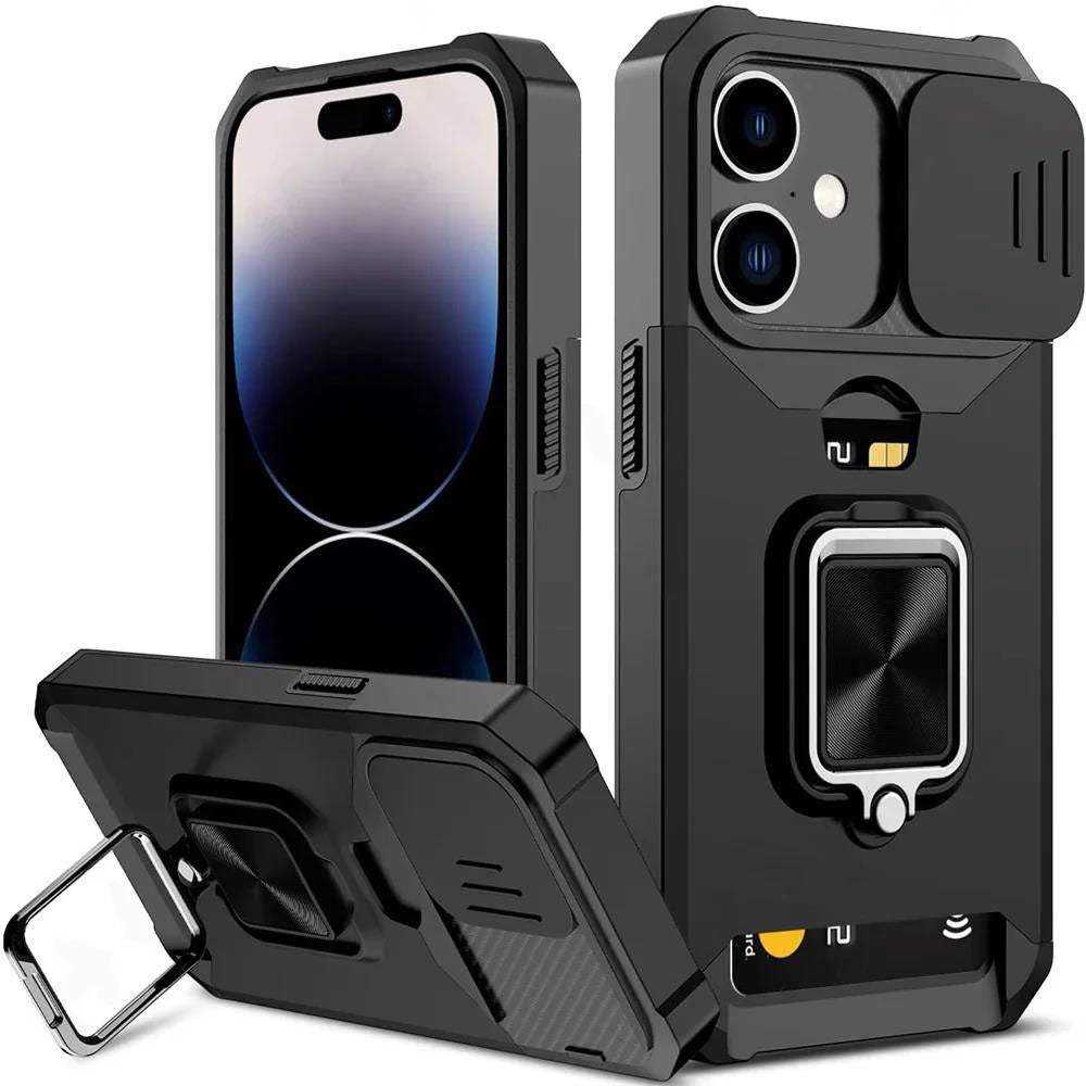 LuxuryKase LK177 Camera Slide Protection Card Holder Heavy Protective Ring Magnetic Kickstand Armor Case Cover For iPhone 16 Plus Pro Max