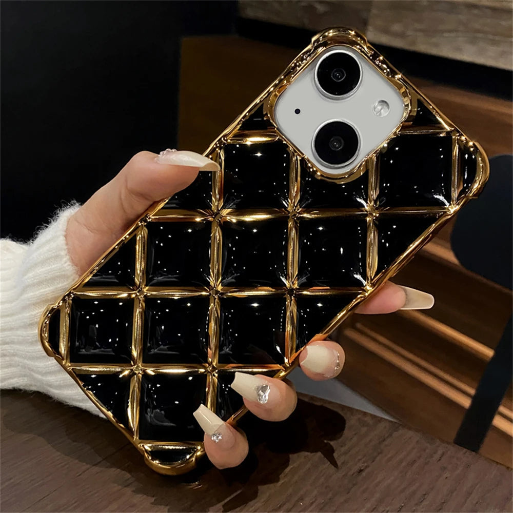 LuxuryKase LK152 Plating Diamond Lattice Grid Case For iPhone 13 14 15 Pro Plus Max