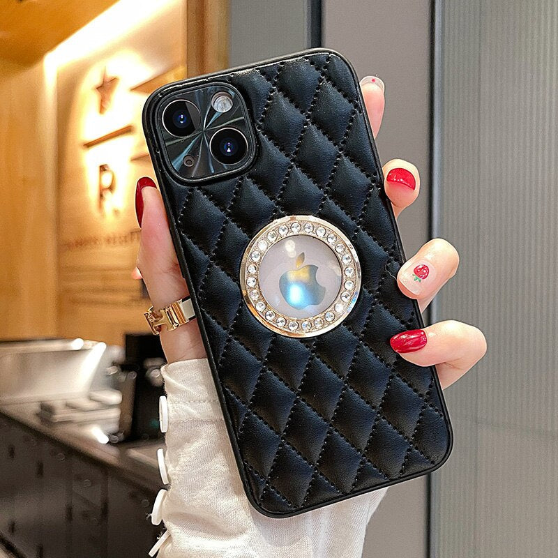 LuxuryKase LK033 Grid Glitter Diamond Clear Logo Jewelled Leather Case Cover For Iphone 16 Plus Pro Max