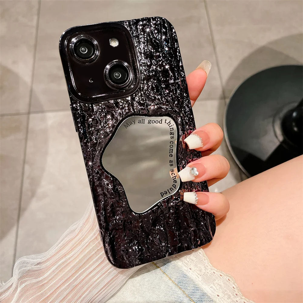 LuxuryKase LK149 Makeup Mirror Creative 3D Rock Pattern Shockproof Case For iPhone 15 Plus Pro Max