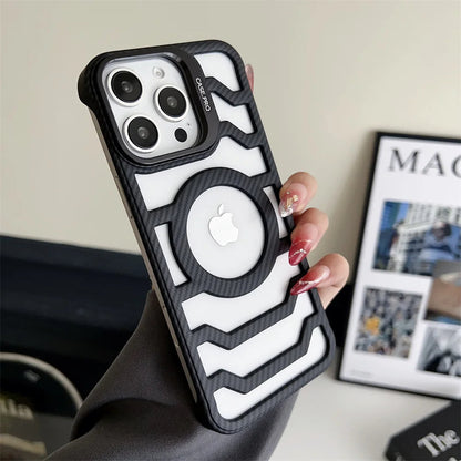 LuxuryKase LK172 Carbon Fiber Texture Magnetic Mag-Safe Lens Holder Frameless Case Cover For iPhone