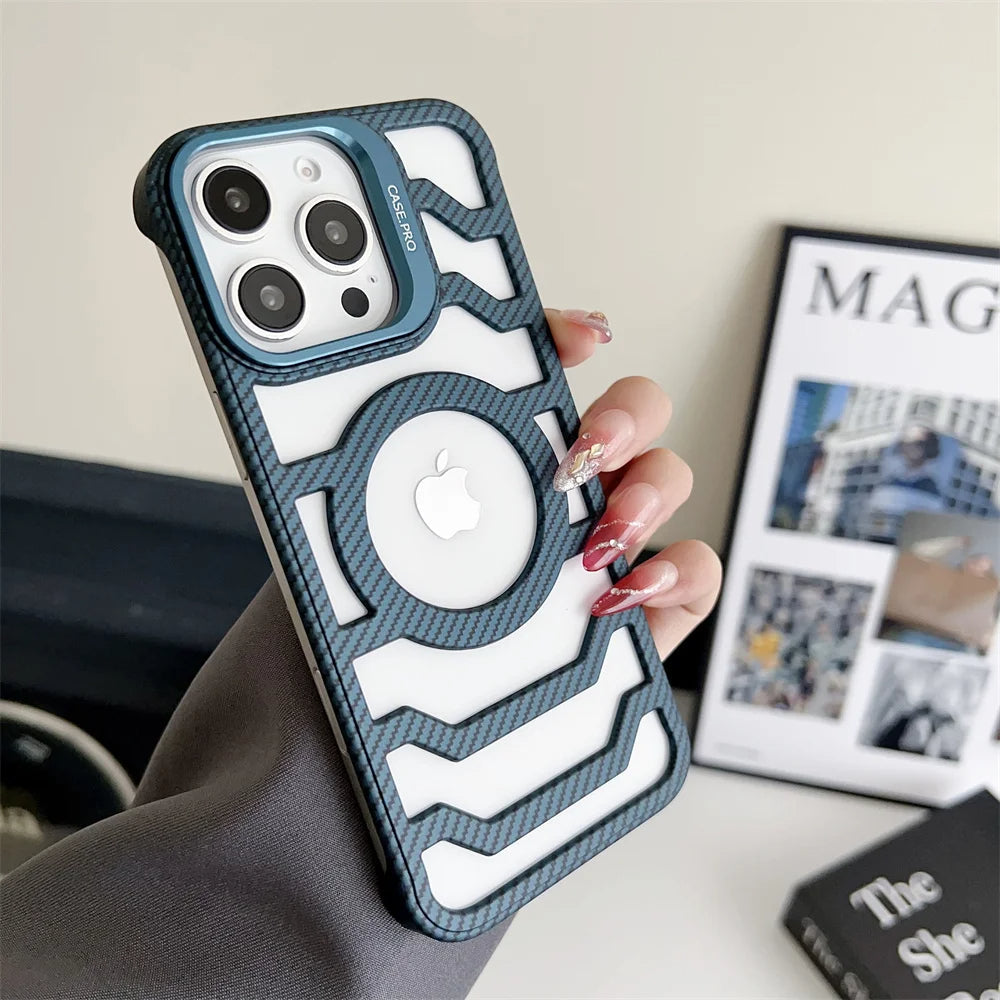 LuxuryKase LK172 Carbon Fiber Texture Magnetic Mag-Safe Lens Holder Frameless Case Cover For iPhone 13 14 15 16 Plus Pro Max