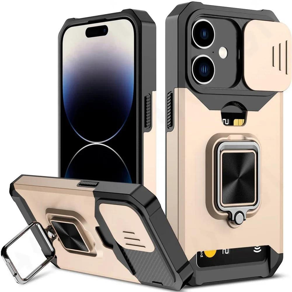 LuxuryKase LK177 Camera Slide Protection Card Holder Heavy Protective Ring Magnetic Kickstand Armor Case Cover For iPhone 16 Plus Pro Max