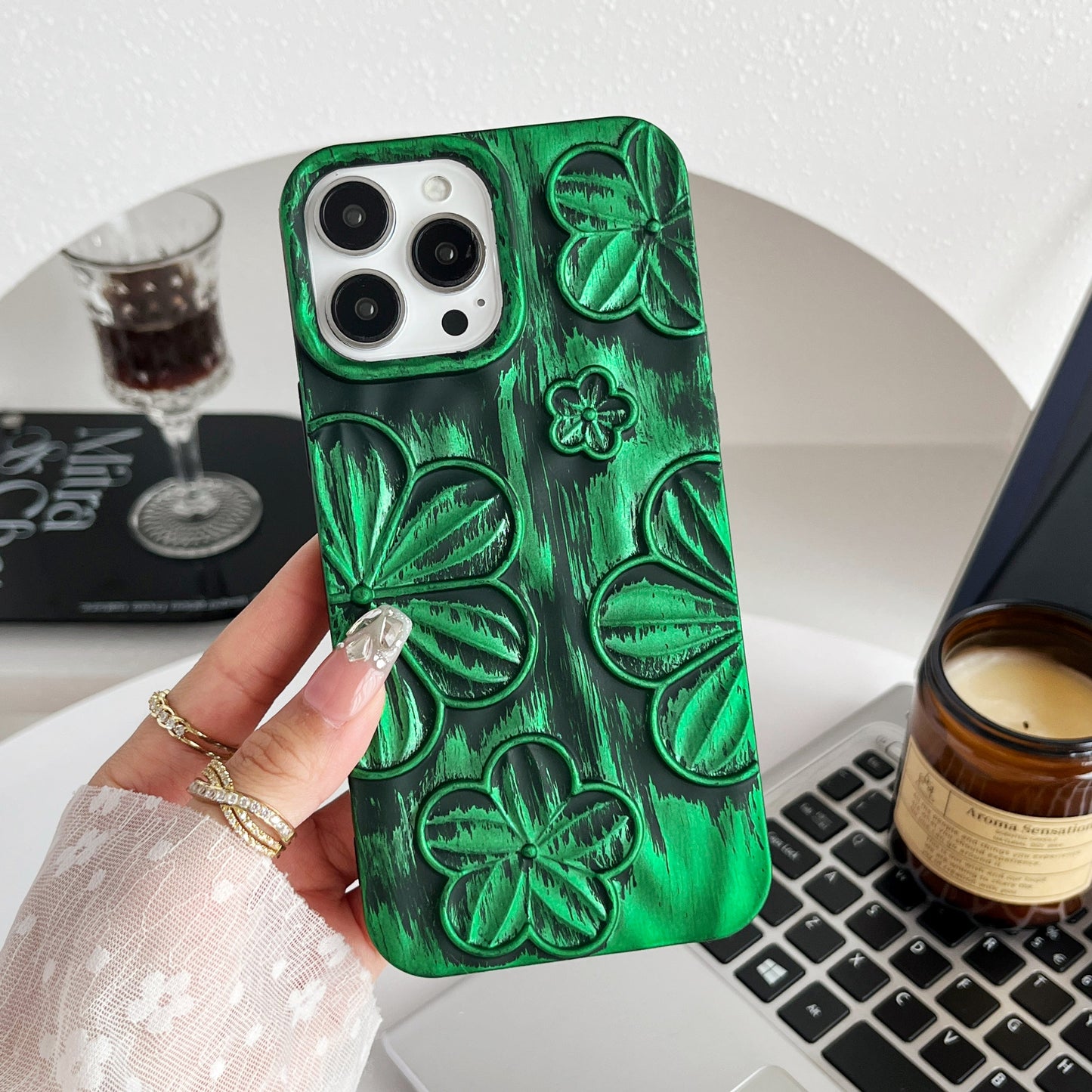 LuxuryKase LK138 Double Shaded 3D Flower Print Case For iPhone 15 Pro Plus Max