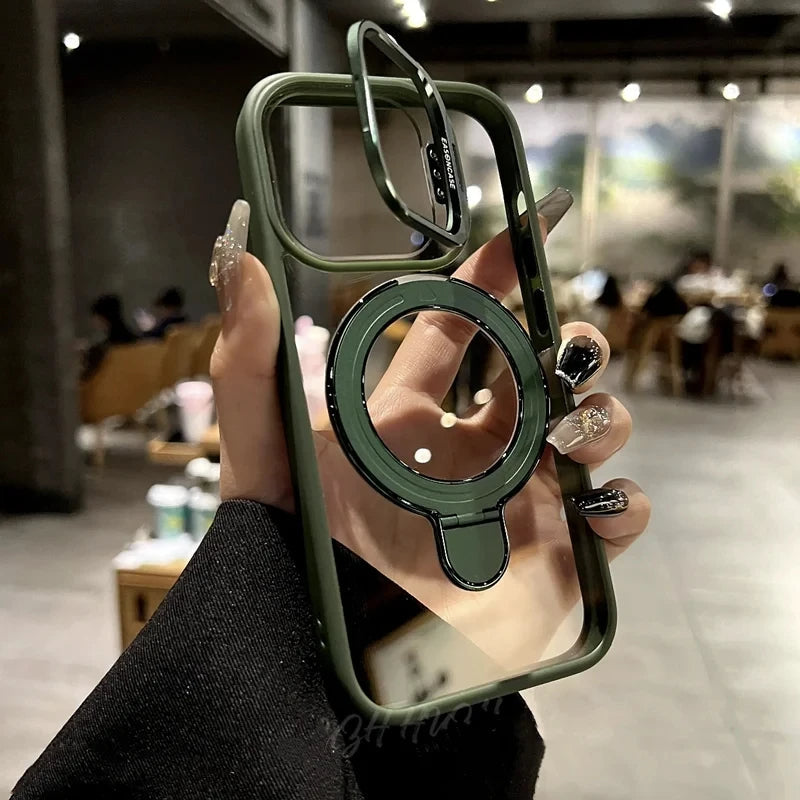 LuxuryKase LK176 Metal Camera Ring Kickstand Stand Transparent Mag-Safe Case Cover For iPhone 13 14 15 Plus Pro Max