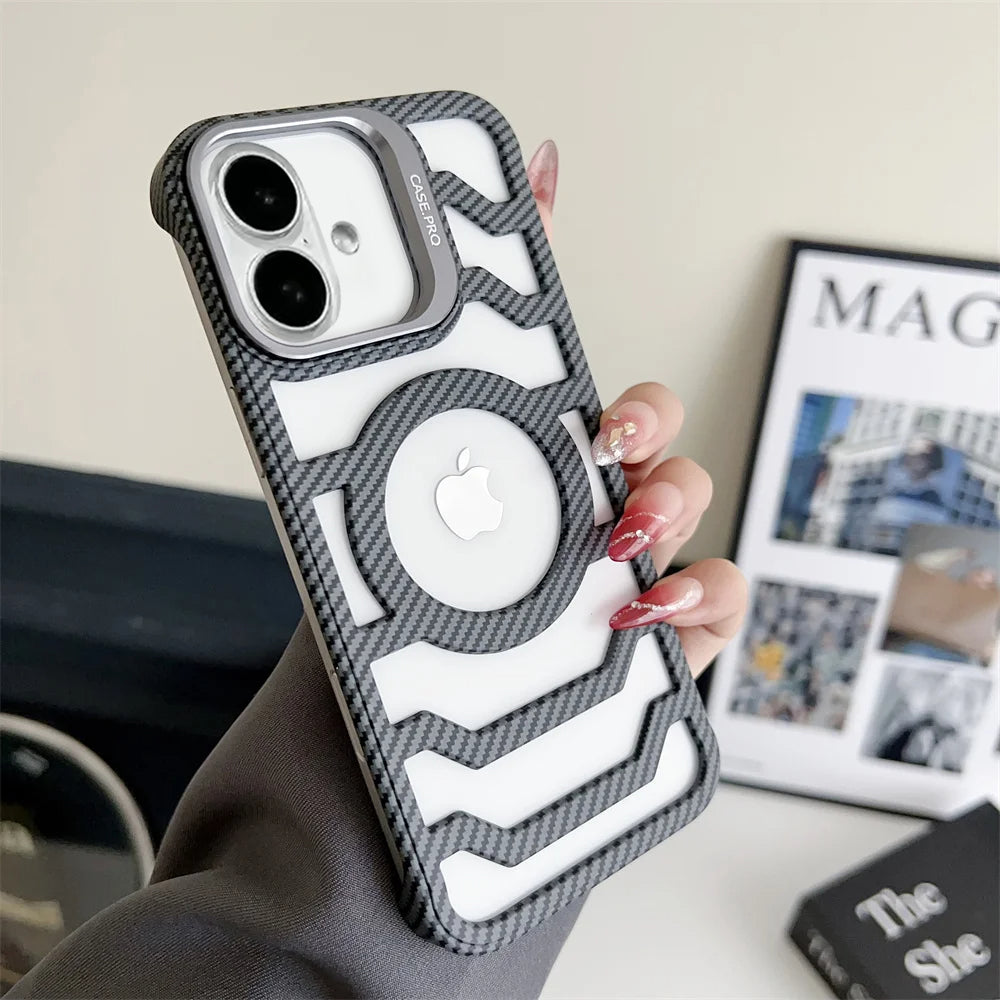 LuxuryKase LK172 Carbon Fiber Texture Magnetic Mag-Safe Lens Holder Frameless Case Cover For iPhone 13 14 15 16 Plus Pro Max