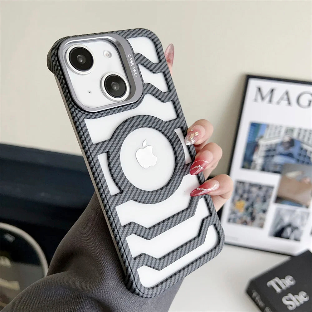 LuxuryKase LK172 Carbon Fiber Texture Magnetic Mag-Safe Lens Holder Frameless Case Cover For iPhone 13 14 15 16 Plus Pro Max