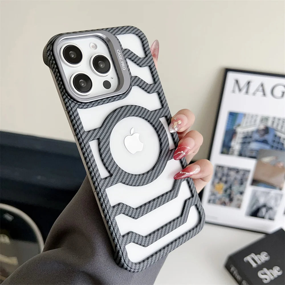 LuxuryKase LK172 Carbon Fiber Texture Magnetic Mag-Safe Lens Holder Frameless Case Cover For iPhone 13 14 15 16 Plus Pro Max