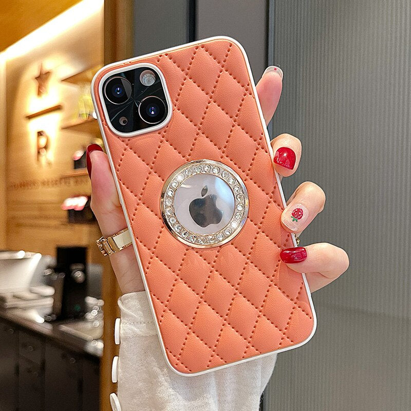 LuxuryKase LK033 Grid Glitter Diamond Clear Logo Jewelled Leather Case Cover For Iphone 16 Plus Pro Max