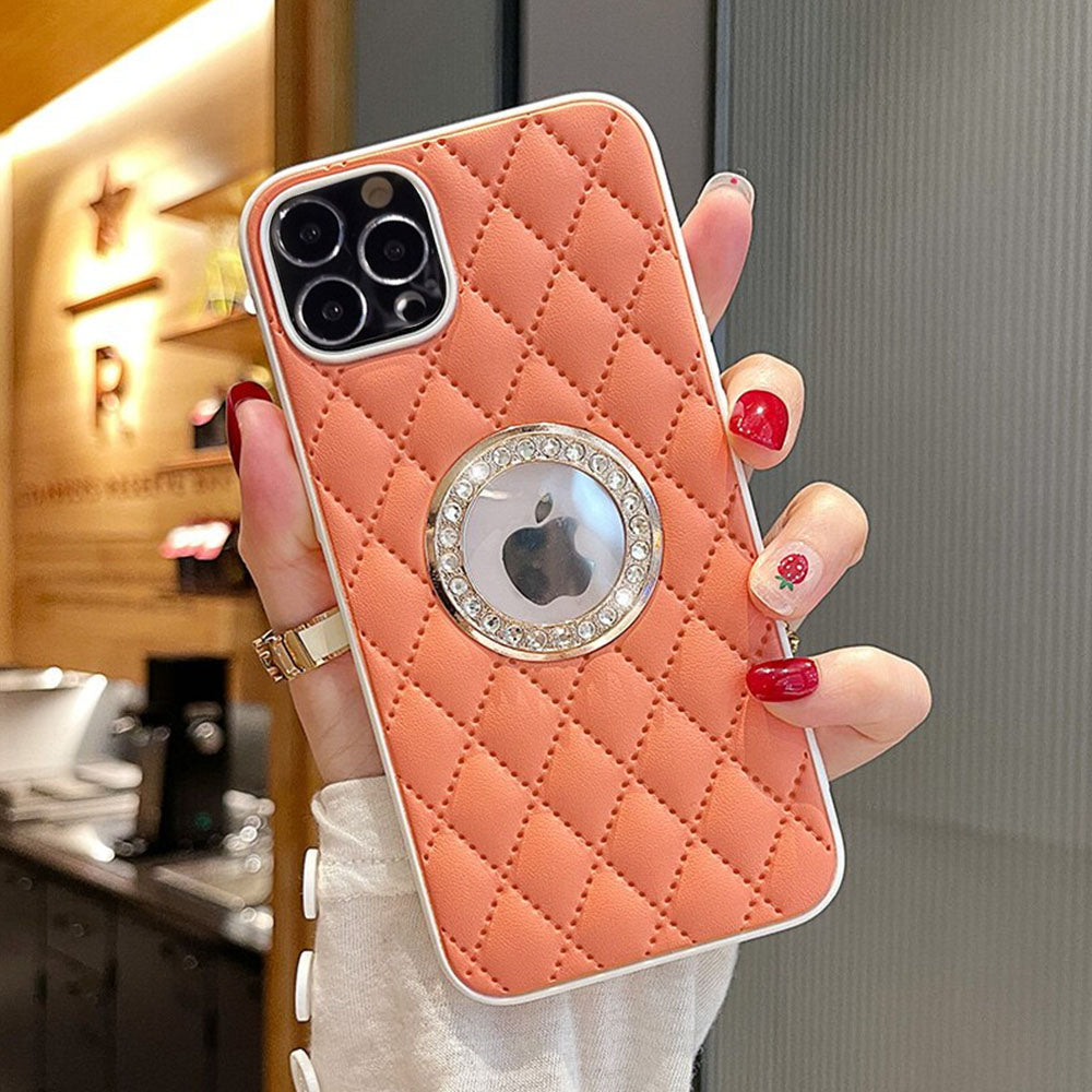 LuxuryKase LK033 Grid Glitter Diamond Clear Logo Jewelled Leather Case Cover For Iphone 16 Plus Pro Max