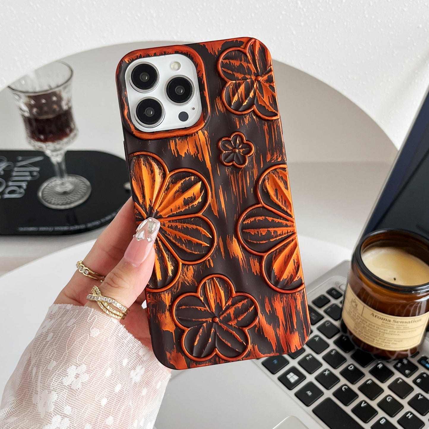 LuxuryKase LK138 Double Shaded 3D Flower Print Case For iPhone 15 Pro Plus Max