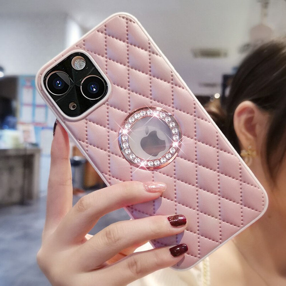 LuxuryKase LK033 Grid Glitter Diamond Clear Logo Jewelled Leather Case Cover For Iphone 16 Plus Pro Max