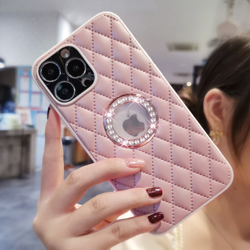 LuxuryKase LK033 Grid Glitter Diamond Clear Logo Jewelled Leather Case Cover For Iphone 16 Plus Pro Max