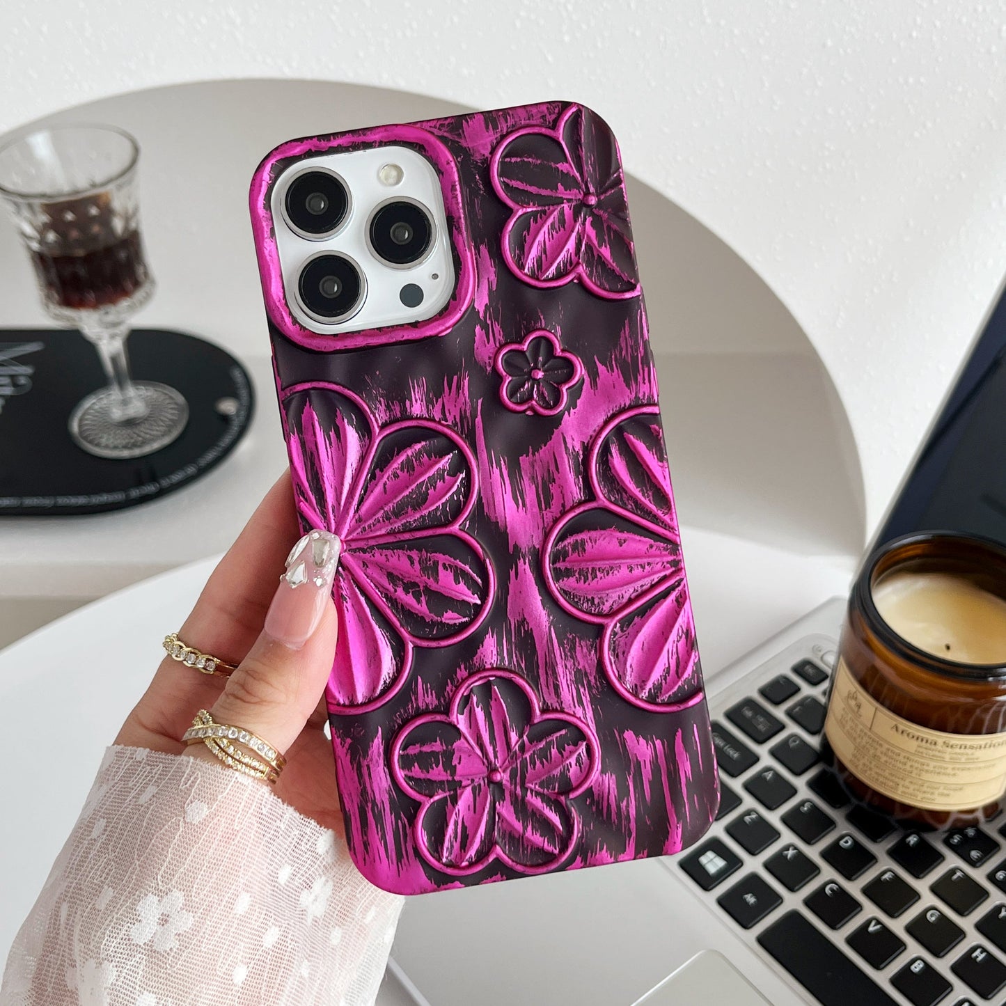 LuxuryKase LK138 Double Shaded 3D Flower Print Case For iPhone 15 Pro Plus Max