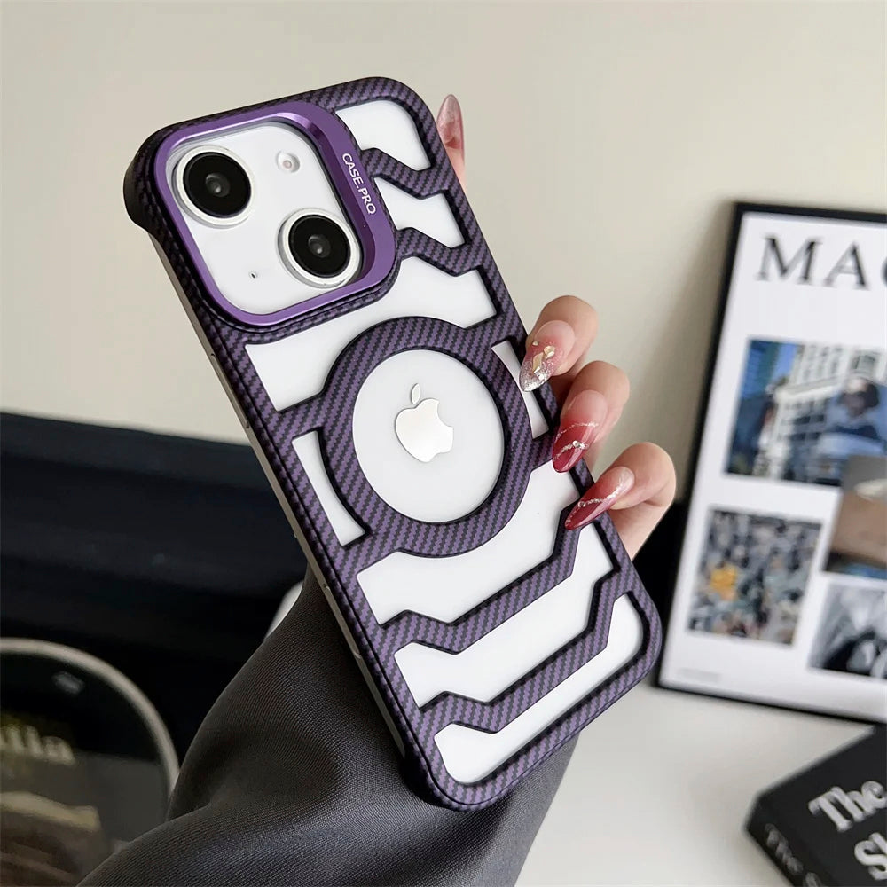 LuxuryKase LK172 Carbon Fiber Texture Magnetic Mag-Safe Lens Holder Frameless Case Cover For iPhone 13 14 15 16 Plus Pro Max