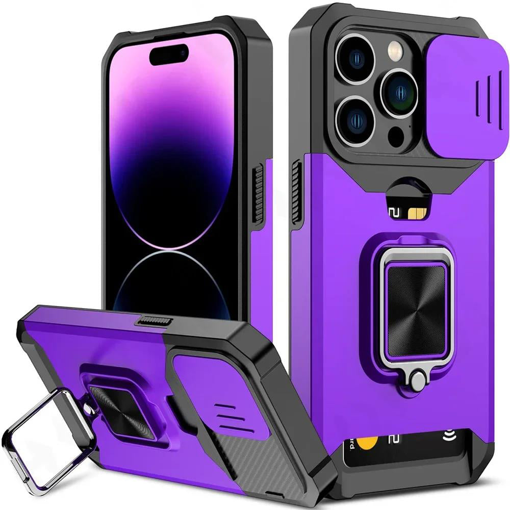 LuxuryKase LK177 Camera Slide Protection Card Holder Heavy Protective Ring Magnetic Kickstand Armor Case Cover For iPhone 13 14 15 Plus Pro Max