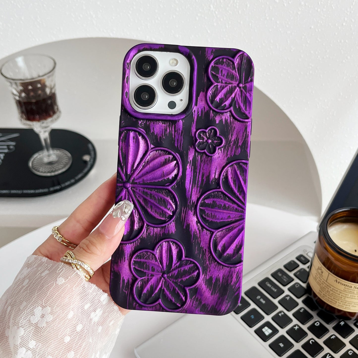 LuxuryKase LK138 Double Shaded 3D Flower Print Case For iPhone 15 Pro Plus Max