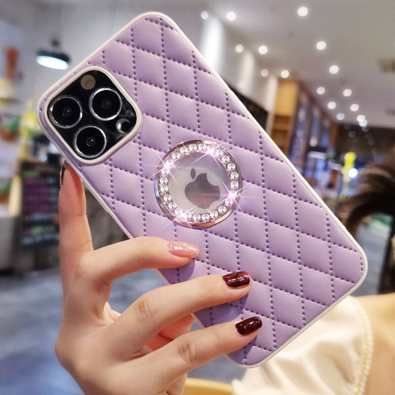 LuxuryKase LK033 Grid Glitter Diamond Clear Logo Jewelled Leather Case Cover For Iphone 16 Plus Pro Max