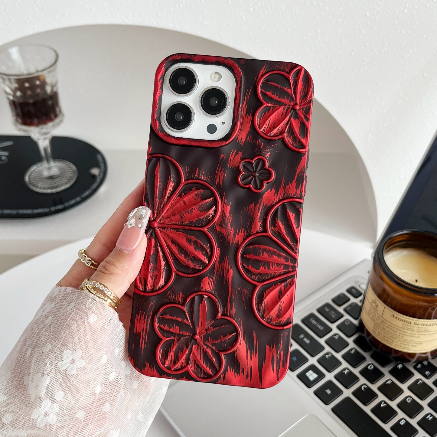 LuxuryKase LK138 Double Shaded 3D Flower Print Case For iPhone 15 Pro Plus Max