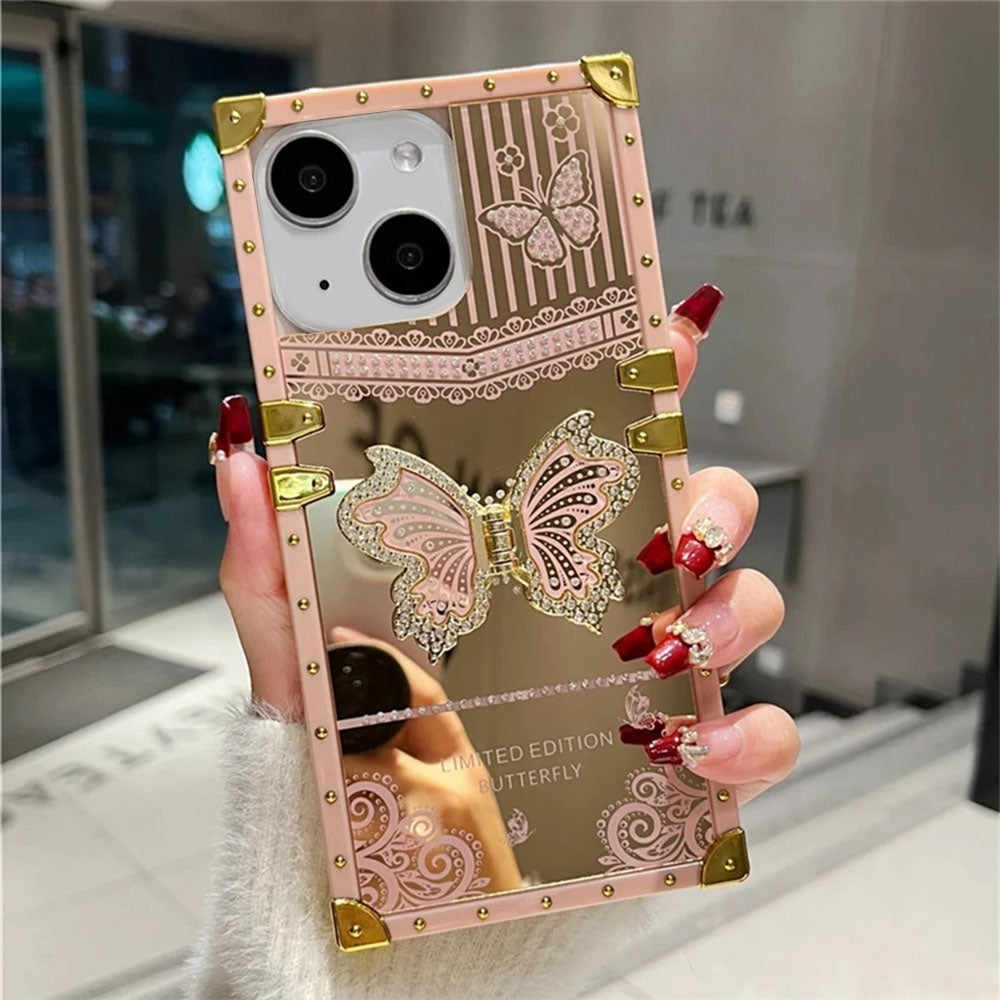 LuxuryKase LK162 Elegant Butterfly Stand Back Mirror Case Cover For iPhone 13 14 15 Plus Pro Max