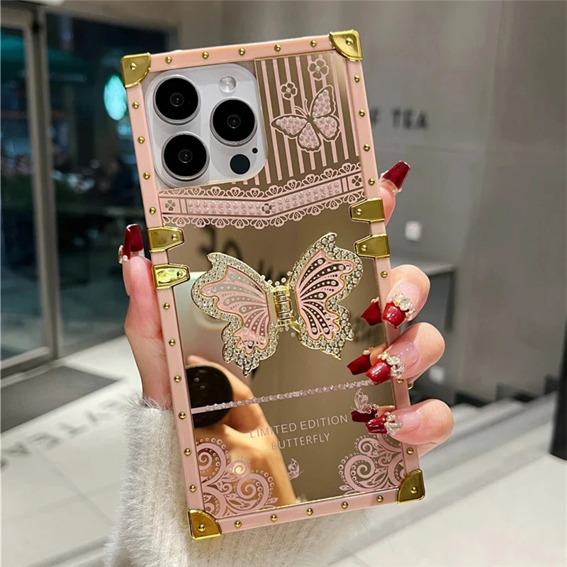 LuxuryKase LK162 Elegant Butterfly Stand Back Mirror Case Cover For iPhone 13 14 15 Plus Pro Max