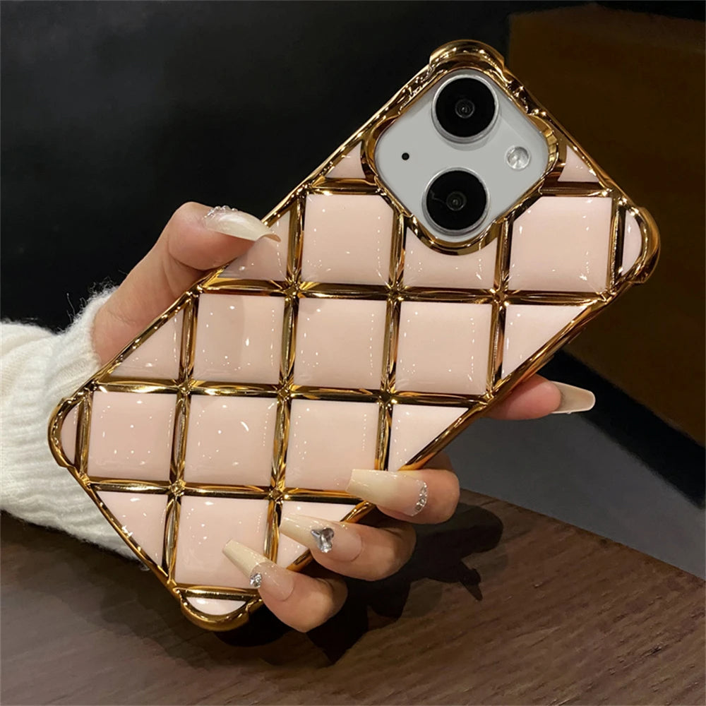 LuxuryKase LK152 Plating Diamond Lattice Grid Case For iPhone 13 14 15 Pro Plus Max