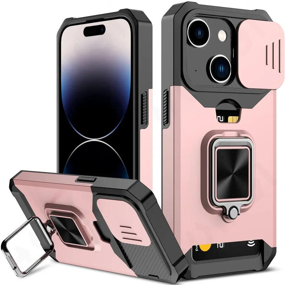 LuxuryKase LK177 Camera Slide Protection Card Holder Heavy Protective Ring Magnetic Kickstand Armor Case Cover For iPhone 13 14 15 Plus Pro Max