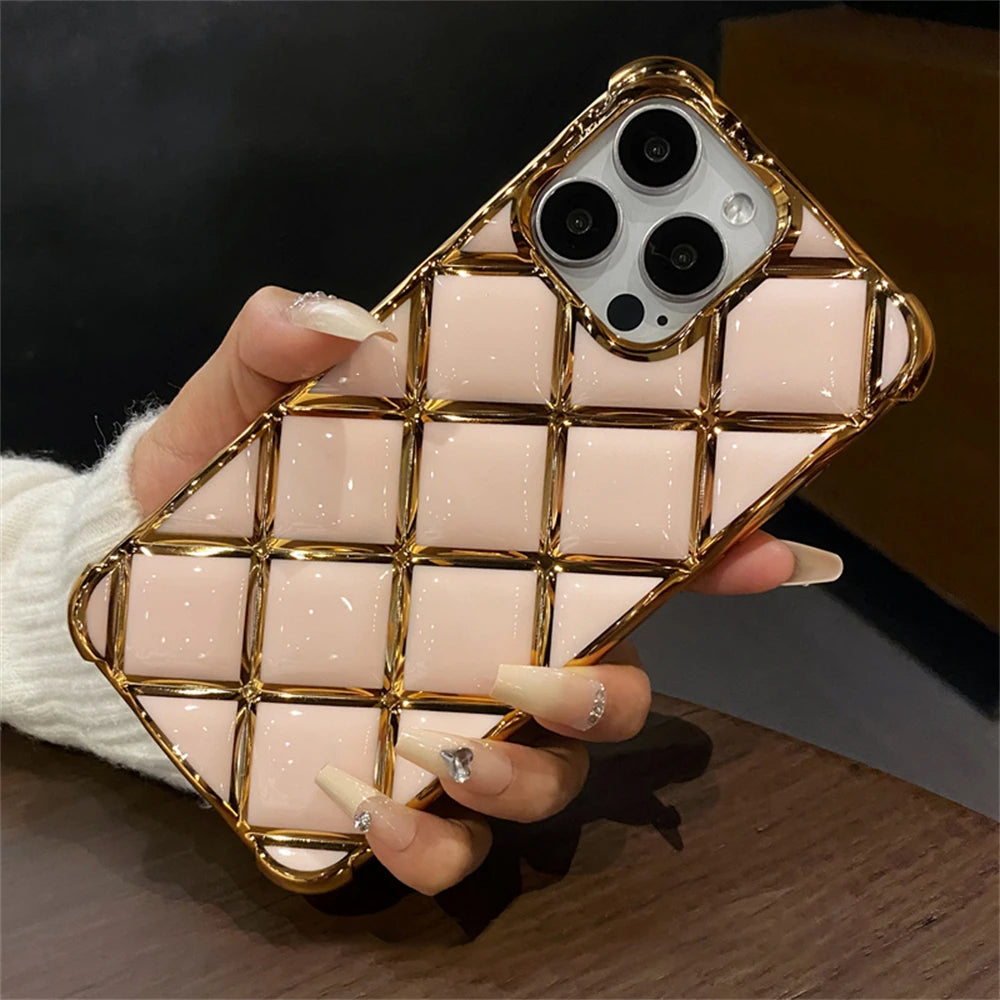 LuxuryKase LK152 Plating Diamond Lattice Grid Case For iPhone 13 14 15 Pro Plus Max