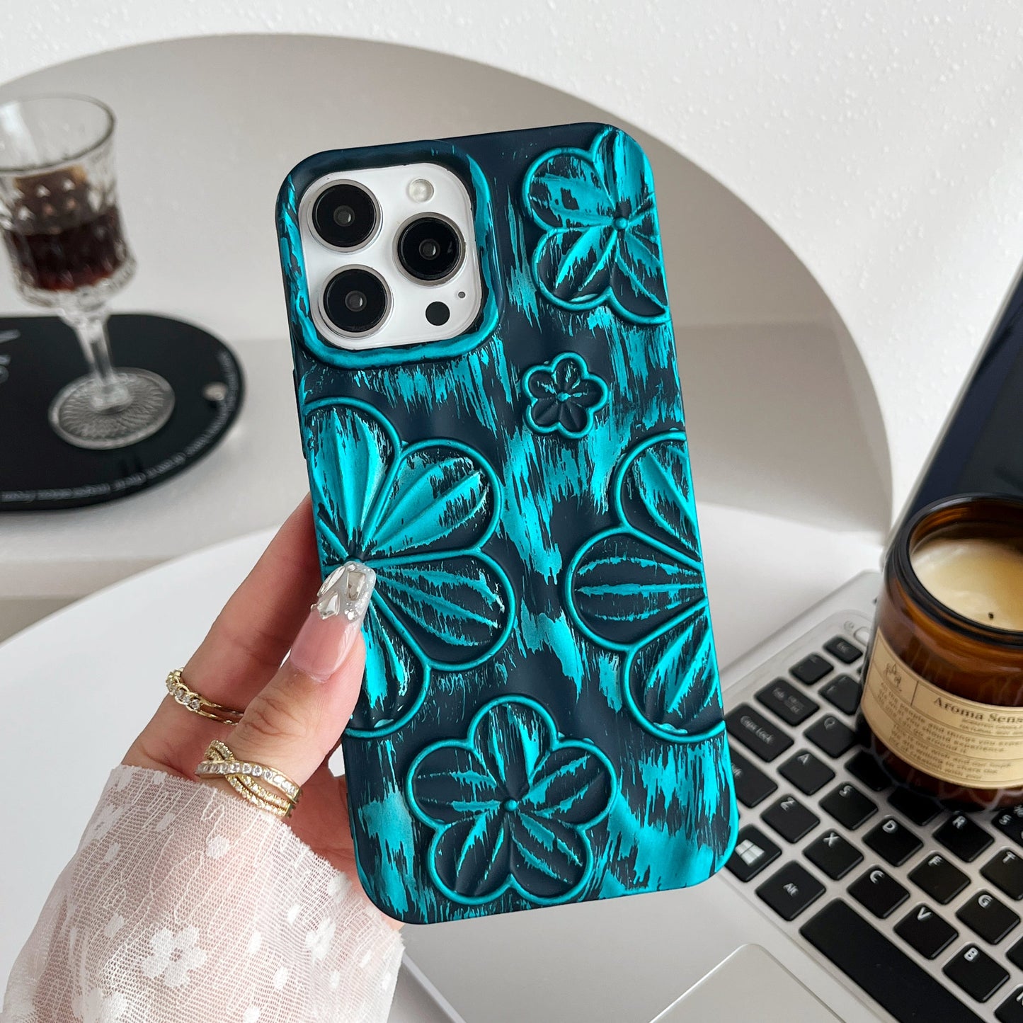 LuxuryKase LK138 Double Shaded 3D Flower Print Case For iPhone 15 Pro Plus Max