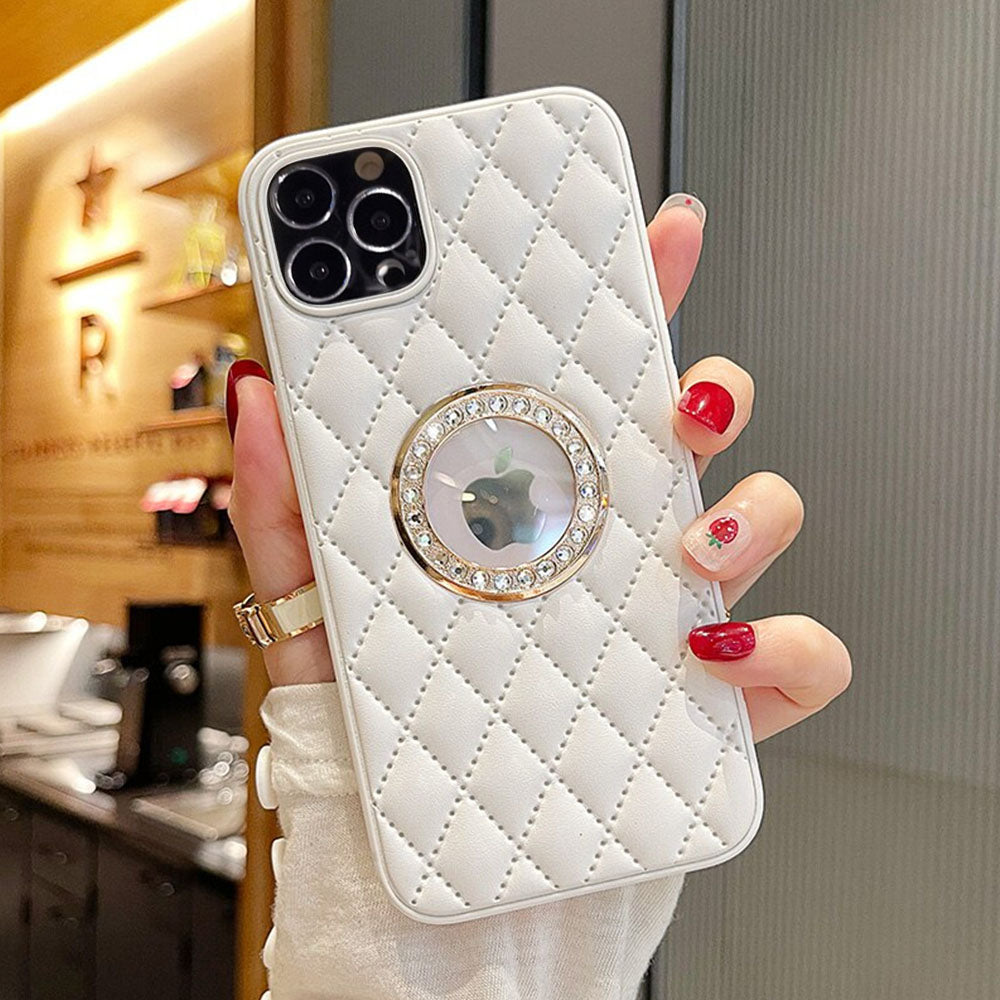 LuxuryKase LK033 Grid Glitter Diamond Clear Logo Jewelled Leather Case Cover For Iphone 16 Plus Pro Max