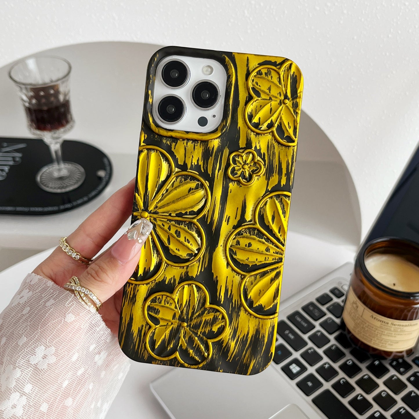 LuxuryKase LK138 Double Shaded 3D Flower Print Case For iPhone 15 Pro Plus Max