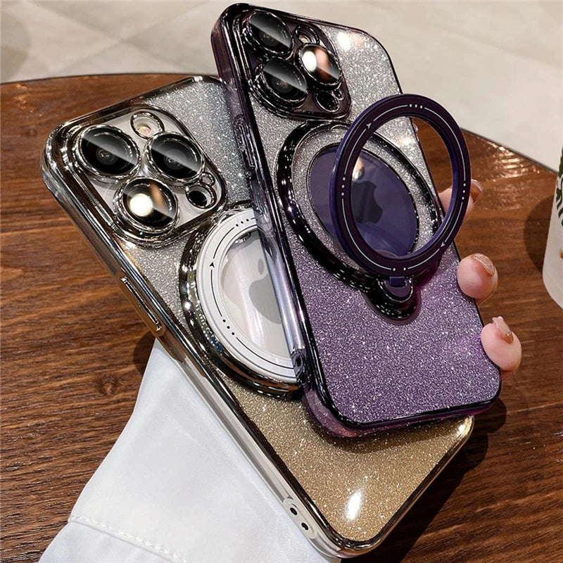 LuxuryKase LK150 Glitter Magnetic Bracket Stand Mag-Safe Wireless Chargeing Case For iPhone 11 12 13 14 15 Pro Plus Max