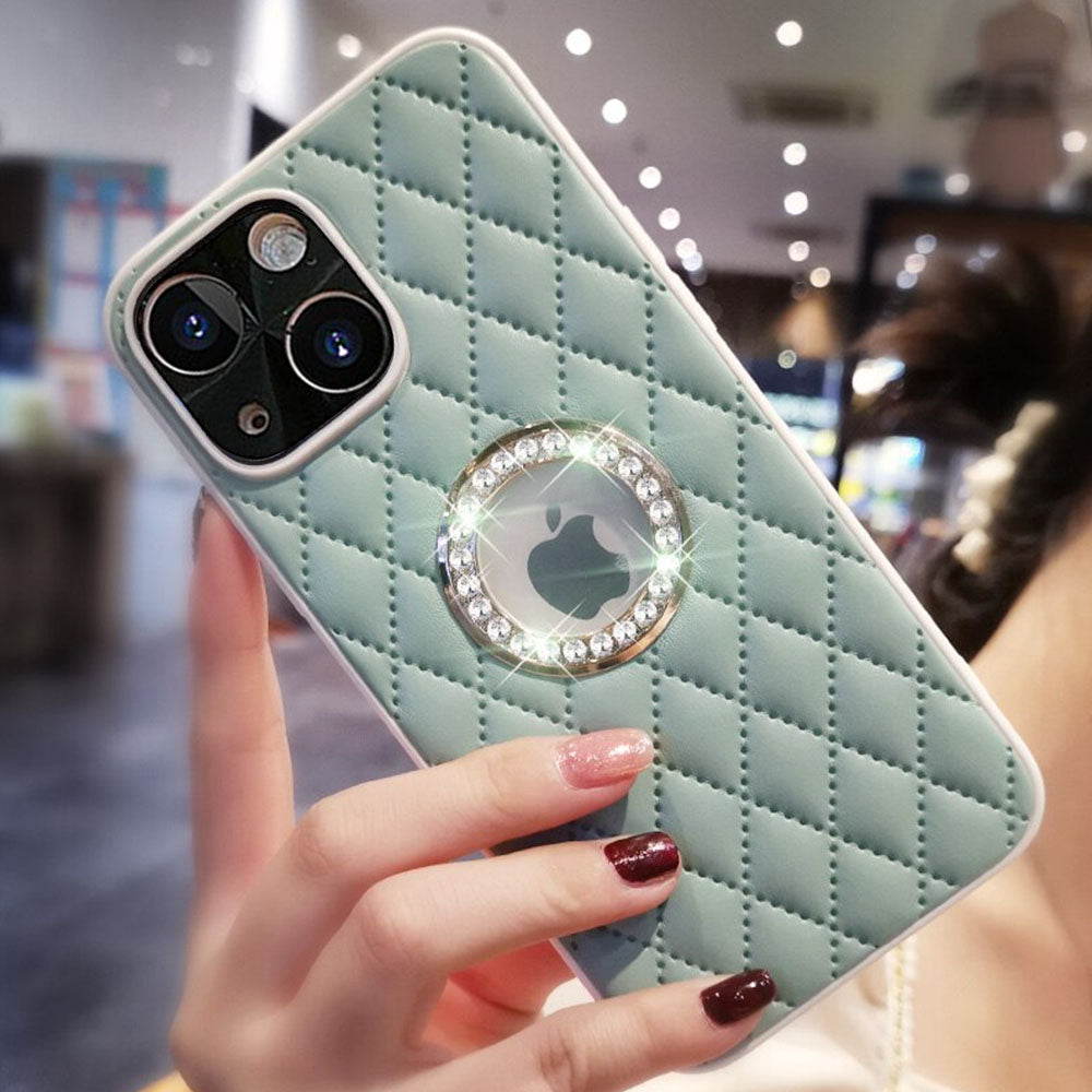 LuxuryKase LK033 Grid Glitter Diamond Clear Logo Jewelled Leather Case Cover For Iphone 16 Plus Pro Max