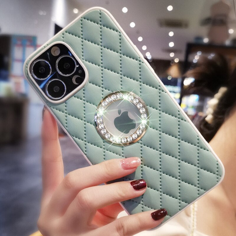 LuxuryKase LK033 Grid Glitter Diamond Clear Logo Jewelled Leather Case Cover For Iphone 16 Plus Pro Max