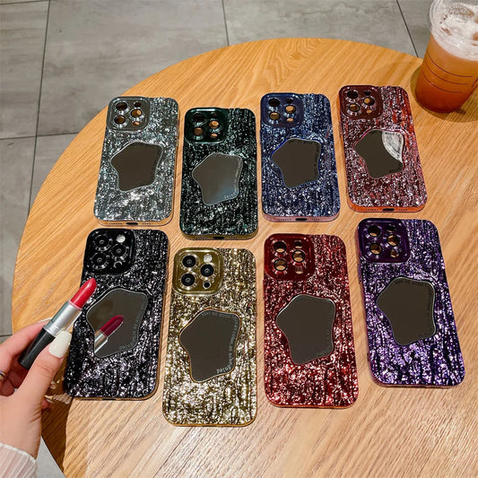 LuxuryKase LK149 Makeup Mirror Creative 3D Rock Pattern Shockproof Case For iPhone 15 Plus Pro Max