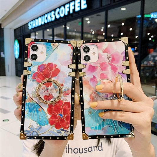 LuxuryKase Bling Floral Flower Square Case Cover For Iphone 11 12 13 14 Plus Mini Pro Max