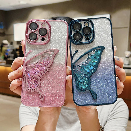 LuxuryKase LK099 Glitter Candy Electroplated Butterfly Lens Protection Case Cover For iPhone 11 12 13 14 15 Plus Pro Max