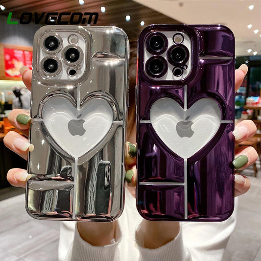 LuxuryKase 3D Plating Clear Heart Hollow Phone Case For iPhone 11 12 13 14 Plus Mini Pro Max