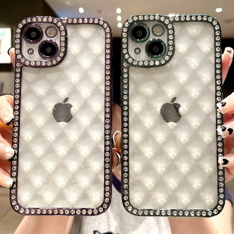 LuxuryKase Lingge Bling Glitter Bumper Transparent Shockproof Soft Case Cover For Iphone 11 12 13 14 Plus Mini Pro Max