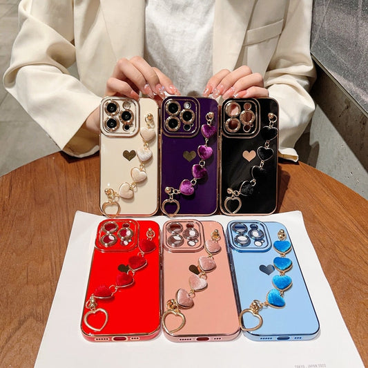 LuxuryKase Soft Heart Chain Bracelet Case Cover For Iphone 11 12 13 14 15 Plus Mini Pro Max