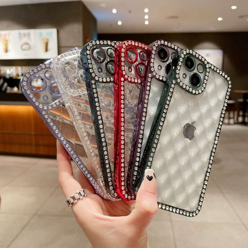 LuxuryKase Lingge Bling Glitter Bumper Transparent Shockproof Soft Case Cover For Iphone 11 12 13 14 Plus Mini Pro Max