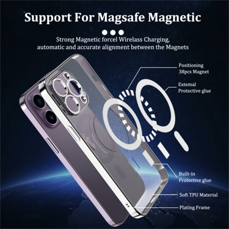 LuxuryKase Plating Magnetic Soft Cover with Camera Lens Protector, Compatible with Magsafe, Wireless Charging, and Magnetic Attachments For Iphone 13 14 Plus Mini Pro Max