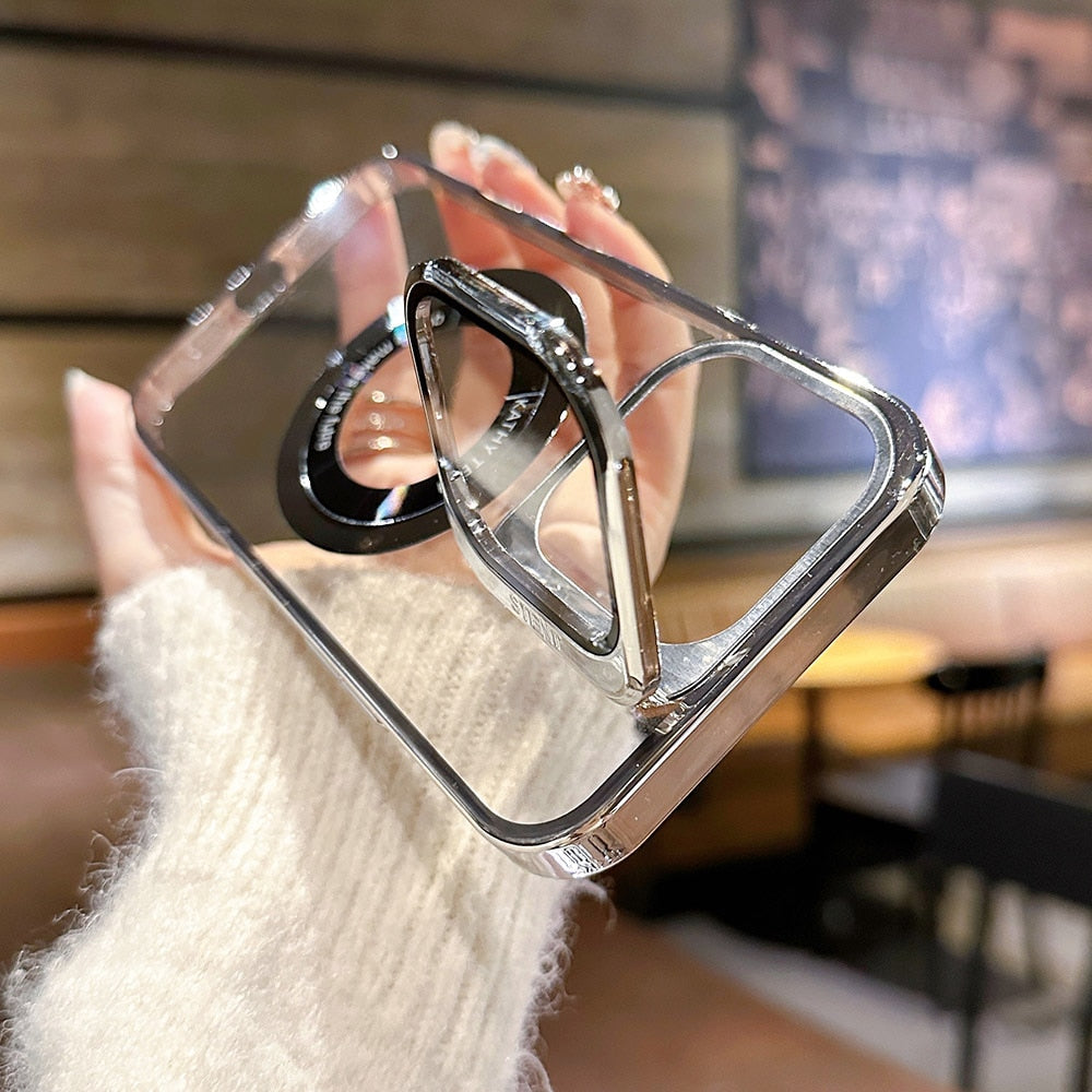 Luxurykase Lens Protection Folding Bracket 2in1 Magnetic Plating Case Cover For Iphone 11 12 13 14 Plus Mini Pro Max