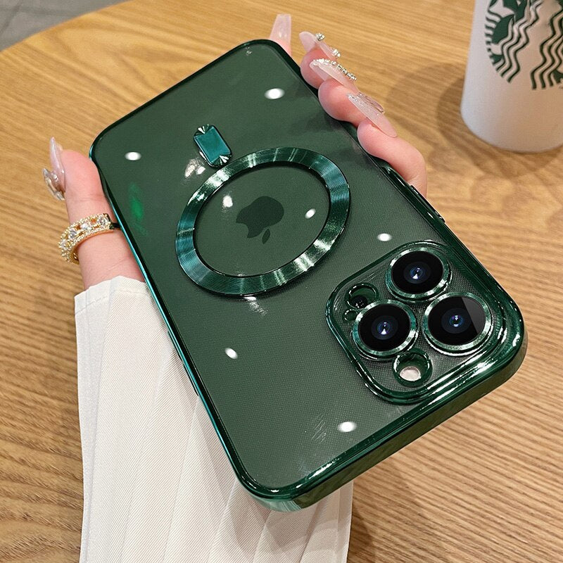 LuxuryKase Plating Magnetic Soft Cover with Camera Lens Protector, Compatible with Magsafe, Wireless Charging, and Magnetic Attachments For Iphone