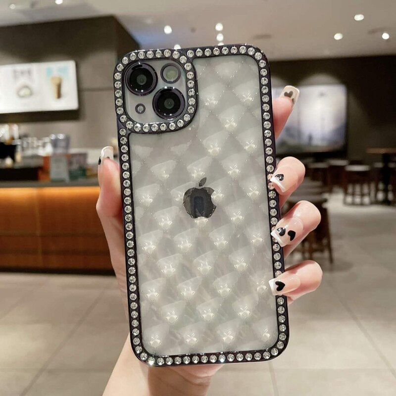 LuxuryKase Lingge Bling Glitter Bumper Transparent Shockproof Soft Case Cover For Iphone 11 12 13 14 Plus Mini Pro Max